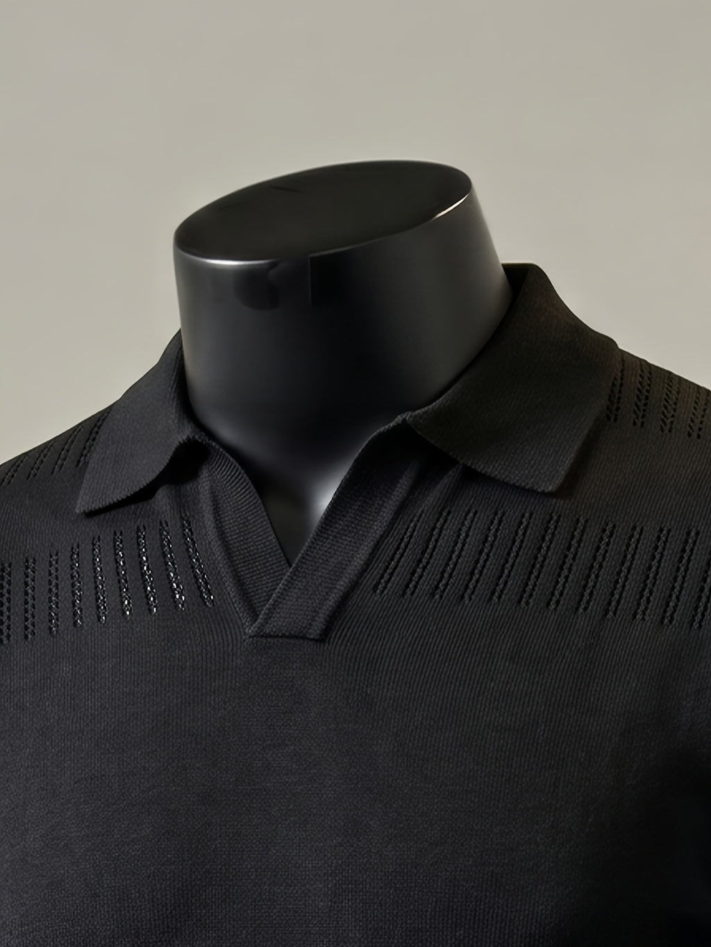 Men'S Short-Sleeve Knit Polo Shirt, American Collar, Breathable Mesh Design with Ordered Grid, Non-Sheer And Classic Look, Light Business Casual Premium Fabric, Golf Polo Top, Buttonless Collar Knit Short Sleeve - Black