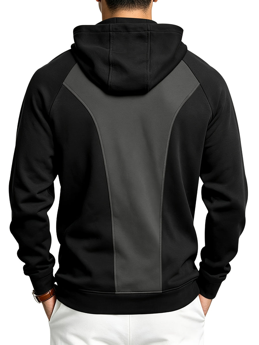 Men's Autumn/Winter Outdoor Loose Fit Casual Sporty Fitness Spliced Hooded Sweatshirt - Black