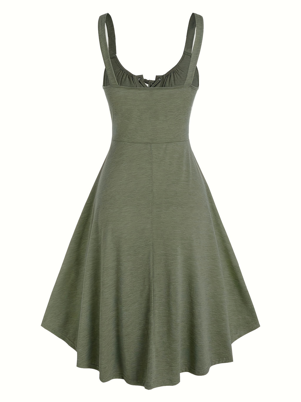 Casual Solid Color, Front Cross Straps with Eye Hook Design, Retro Bust Contour, Short Front Long Back Comfortable Casual, Home, Vacation Dress, Targeted Development - Olive
