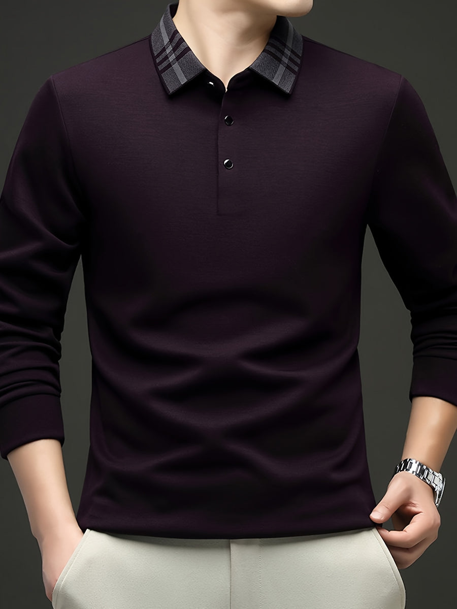 Men'S Plaid Lapel Long Sleeve Polo Shirt, Plaid Contrast Collar Design Middle-Aged Business Casual Navy Purple Optional Top - Purple