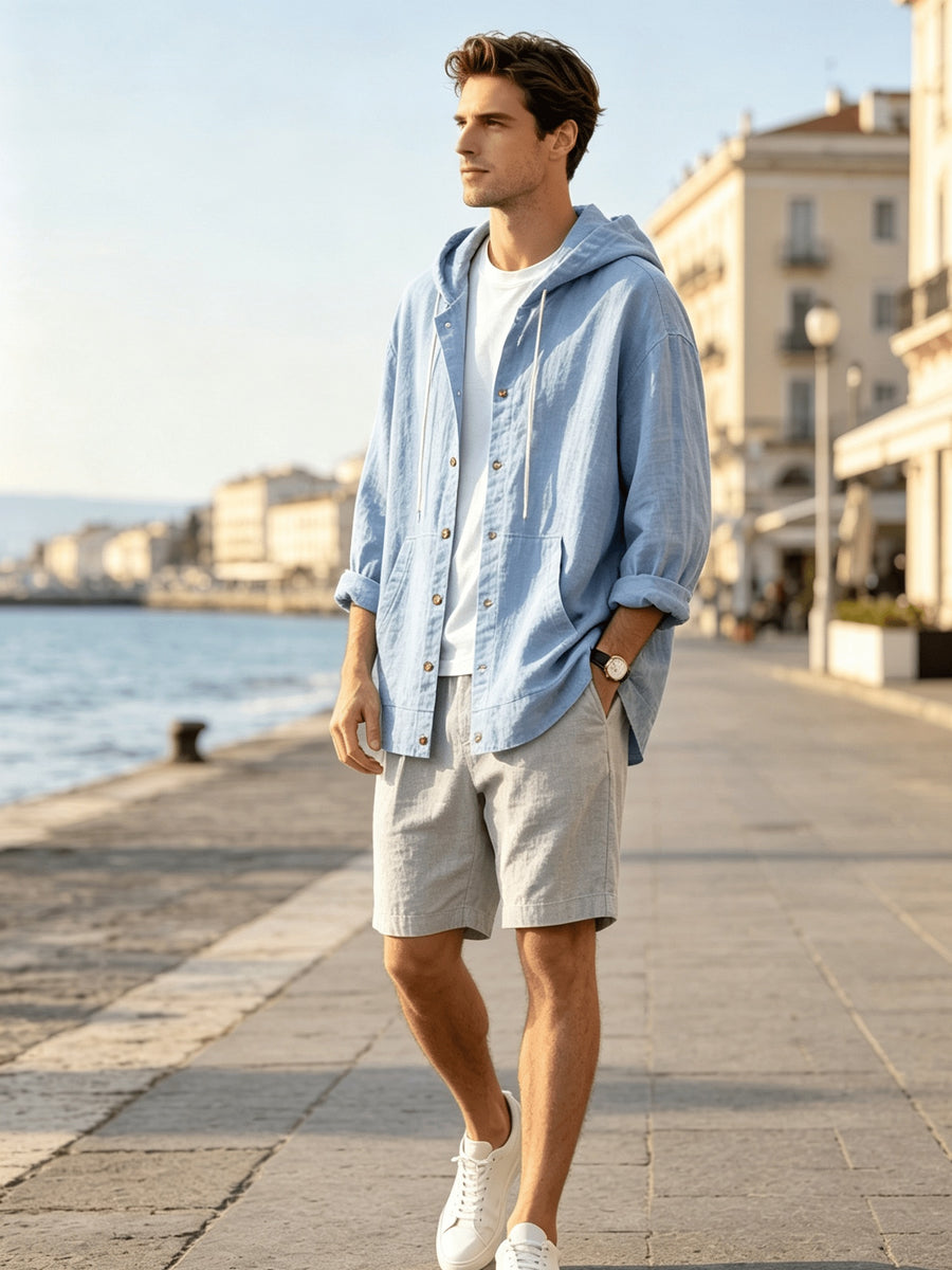 2026 New Men's Hooded Shirt, Soft and Breathable Linen Fabric, for Vacation, Travel, Leisure, Outdoor Fishing, and Beach - Sky Blue