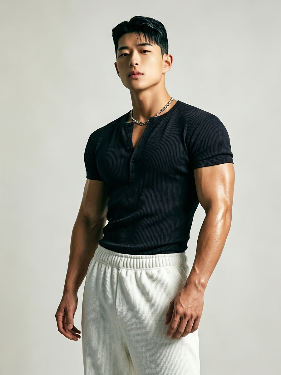 Men's Slim-Fit Henley Neck Knit Short-Sleeve T-Shirt. High-stretch Ribbed Fabric Accentuates Muscle Definition, Breathable and Sweat-wicking for a Non-stuffy Feel. Suitable for Multiple Occasions Including Fitness Training, Daily Commutes, Spring - Black
