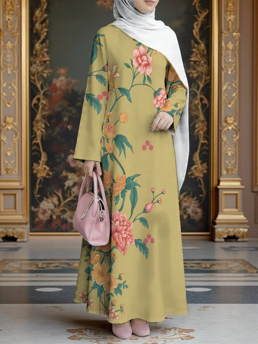 Women'S Hot Middle Eastern Style Muslim Elegant Robe, Ginger Yellow National Style Large Floral Print Long Dress, Loose Long Sleeve Flowing Flared Skirt, for Prayer Outing Daily Gatherings, Skin-Friendly Breathable Non-Embroidered Craft - Mixed colors