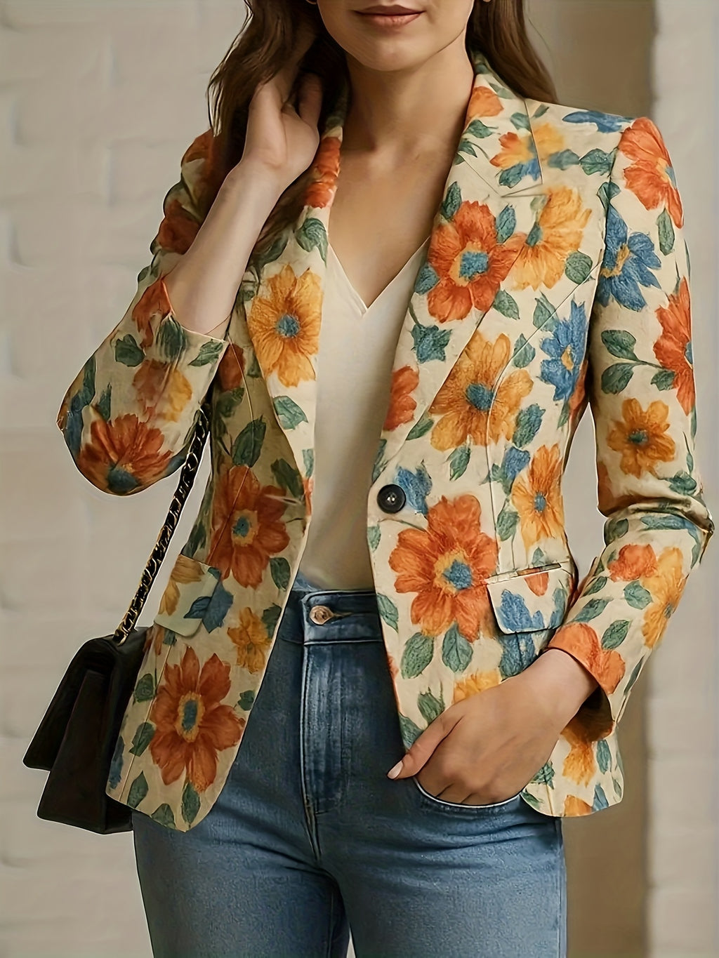 Elegant Floral Printed Blazer for Women - a Single-Breasted Shawl Collar Jacket Featuring Vibrant Orange, Yellow, And Blue Flowers, Tailored Fit with Long Sleeves, Versatile for All Seasons, Suitable for Both Office And Casual Occasions - Multicolor