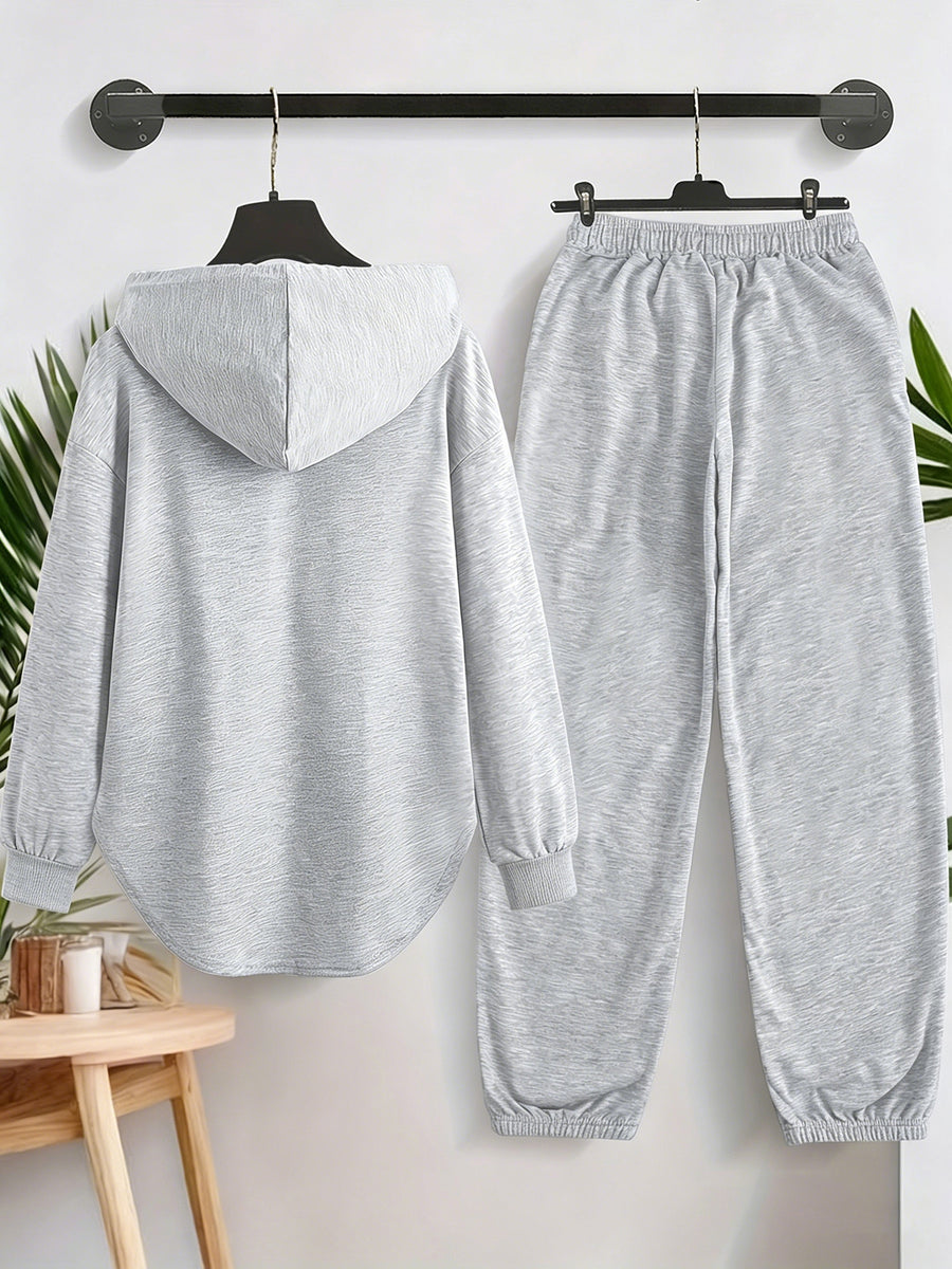 Everyday Essential Casual Sports Set - Relaxed Fit Asymmetrical Hem Hoodie And Drawstring Jogger Pants, Soft Breathable Athletic Tracksuit - Perfect for Yoga, Running, Lounging, Travel, Gym Workout, And Daily Wear - Light Grey