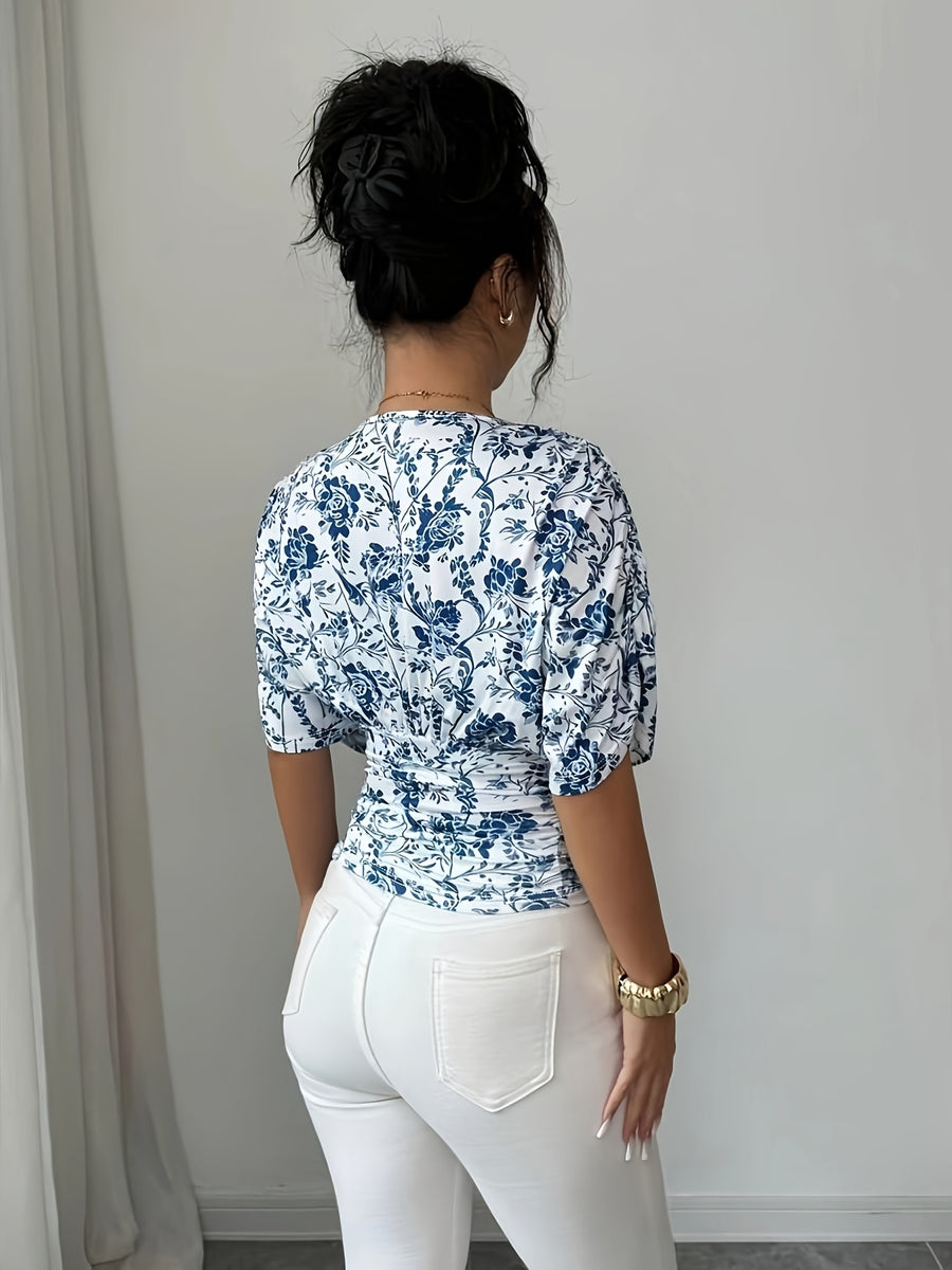 Women's Elegant Floral Print Slim-Fit T-Shirt, Summer Style - Mixed colors