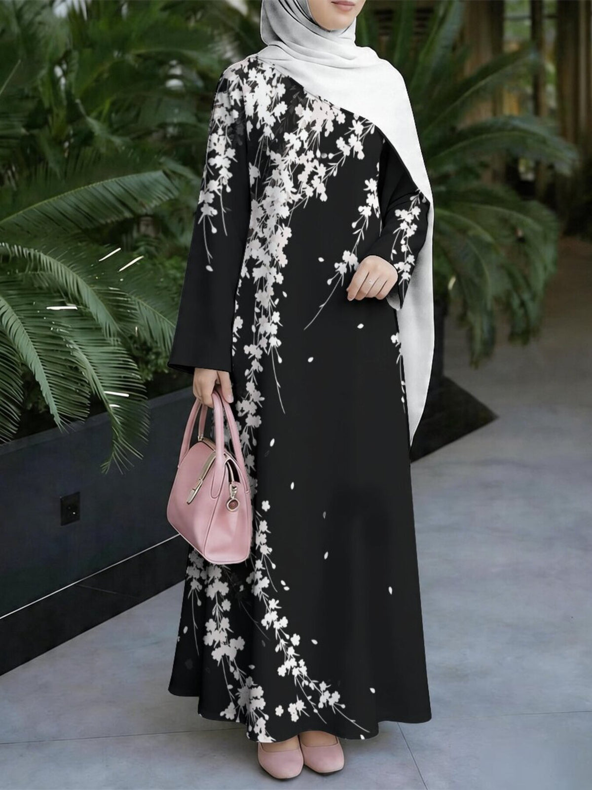 Women's Middle Eastern Style Muslim Elegant Robe Dress, Suitable for Malaysia, Arabic Floral Long Robe, Loose Fit with Wide Flared Hem and Long Sleeves, for Prayer, Visiting, Outings, and Gatherings, Lightweight and Smooth with Non-Embroidered - Mixed colors