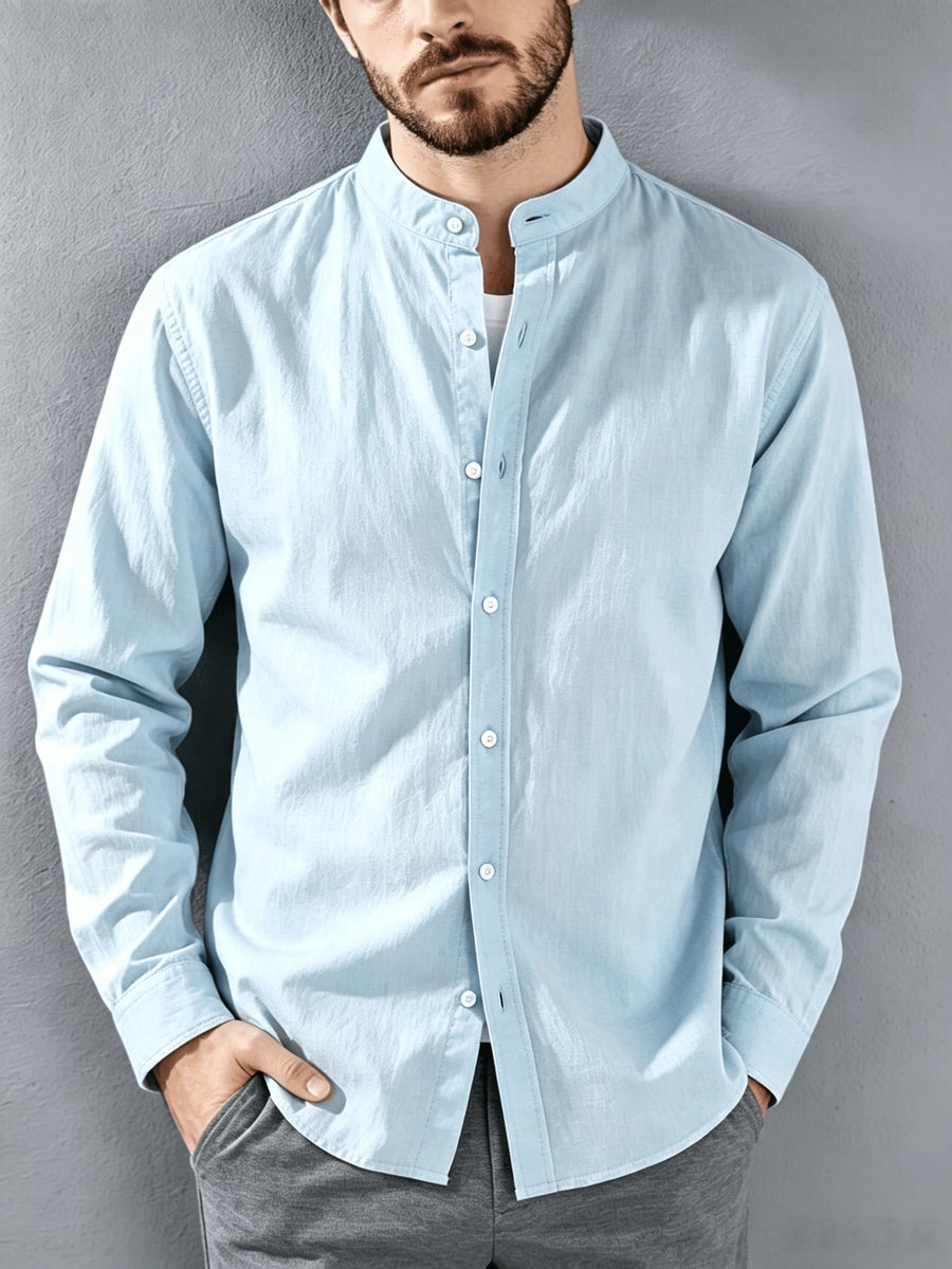 [Know And Give OBM] Men'S Long Sleeve Button-Casual Beach Shirt - Spring Summer Autumn, Commute Style, Light Mature Casual, All-Match Top, Beach Wear, Stand Collar Shirt with Relaxed Fit, Men'S Solid Color, Comfortable Top - Light Blue
