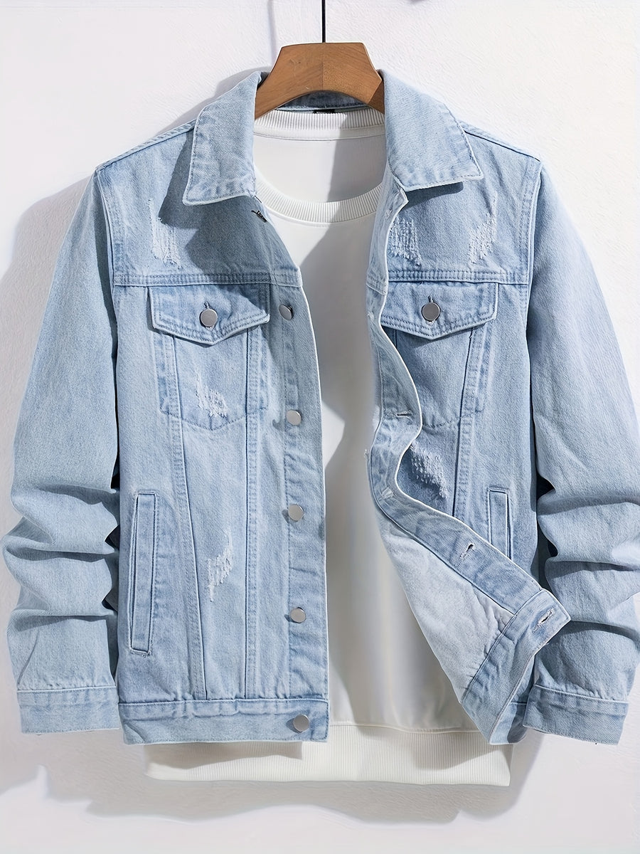 Men's Denim Jacket, Trendy Brand, Ripped, European and American Street Style, Loose Fit, Vintage Style, Versatile Light-Colored Jacket - Bright Steel Blue