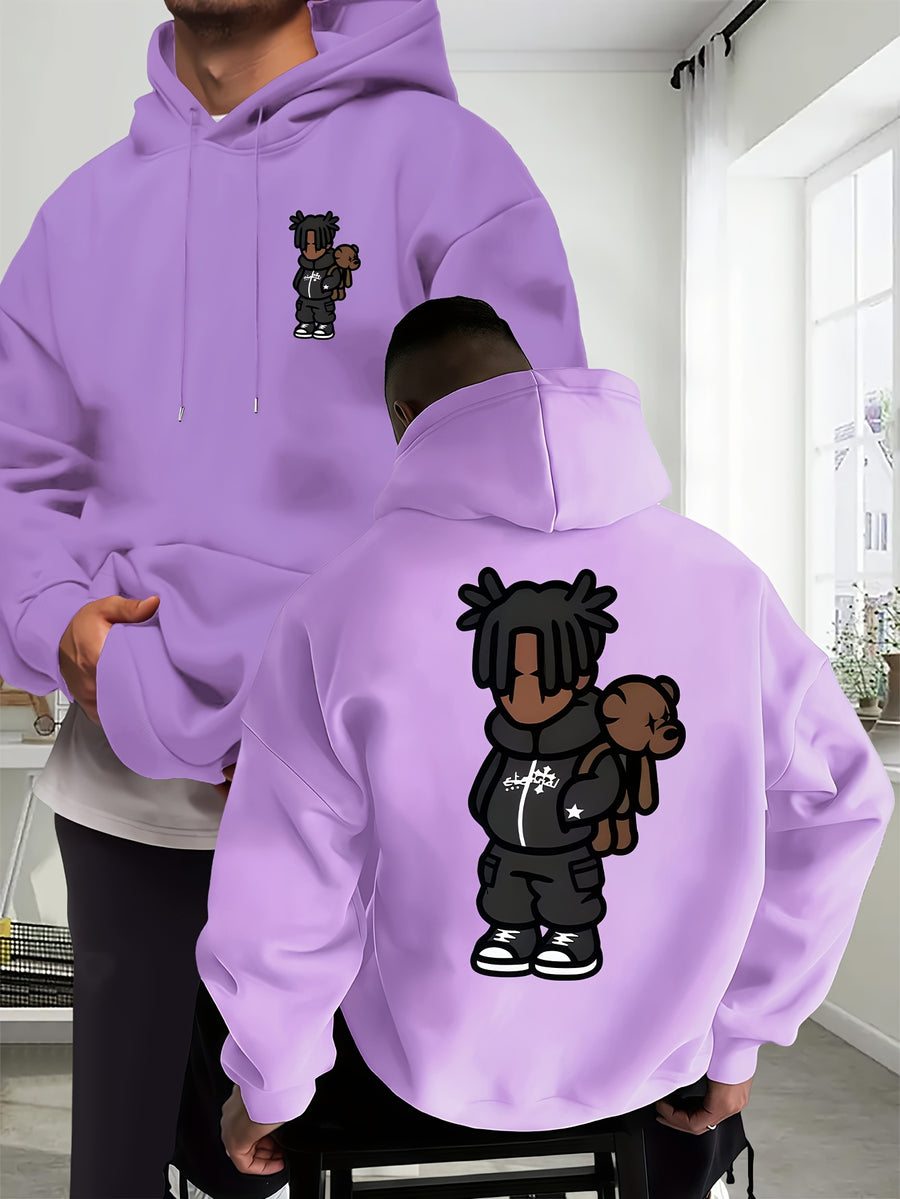 Cartoon Men's New Trendy Autumn Winter Hoodie, Casual Daily Drawstring Hooded Sweatshirt with Creative Design Print, Front Kangaroo Pocket, Unisex Top - Light Purple