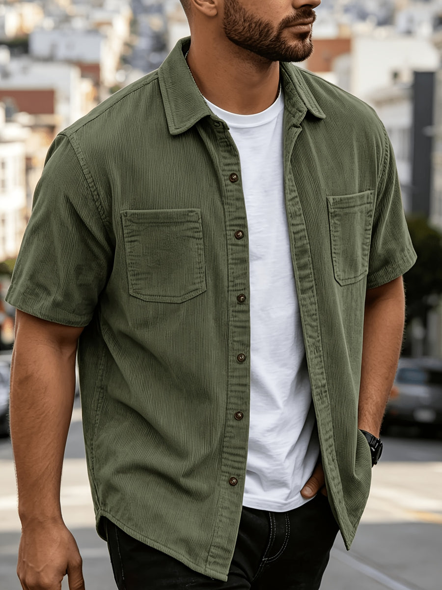 Summer Men'S Solid Color Pinstripe Corduroy Shirt, Lapel Double Pocket Design Loose All-Match Short Sleeve Shirt Jacket - Green