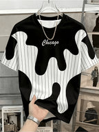 Men'S Casual Round Neck T-Shirt, Geometric Pattern Patchwork Striped Design, "Chicago" Word Pattern, Drapey Fashion Top, All-Season Wear, Breathable Regular Fit for Casual And Formal Outfits - Round Neck Casual Top, Comfortable Wear - Black
