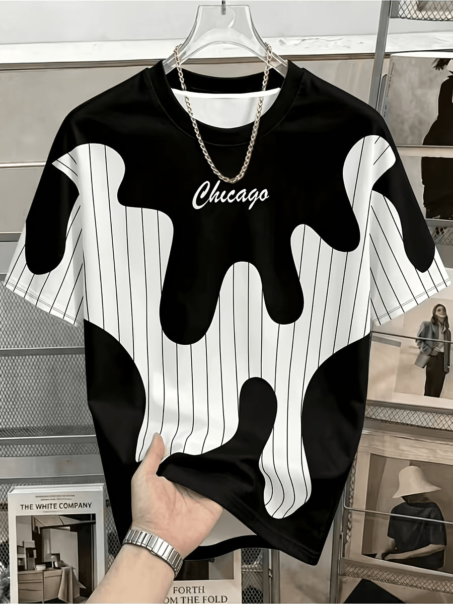 Men'S Casual Round Neck T-Shirt, Geometric Pattern Patchwork Striped Design, "Chicago" Word Pattern, Drapey Fashion Top, All-Season Wear, Breathable Regular Fit for Casual And Formal Outfits - Round Neck Casual Top, Comfortable Wear - Black