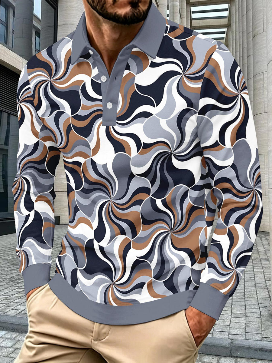 Men's Novelty Fashion Long-Sleeve Top, Vintage Swirl Curve Print, Three-Button Placket Polo Shirt, Punk Street Style Lapel Top for Daily Commuting and Outings, Surprise Birthday and Holiday Gift for Men - Mixed colors