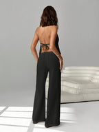2pcs Set: Women's Fashionable Lace-up Backless Camisole with Wide-leg Drawstring Pants. Suitable for Various Occasions Such as Vacations, Beach Outings, Rave Parties, and Hawaiian Events - Black