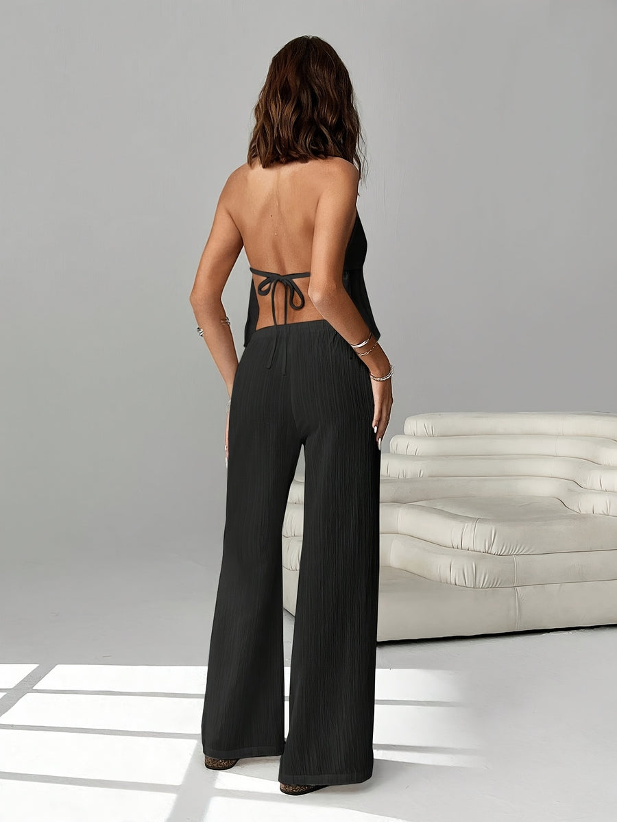 2pcs Set: Women's Fashionable Lace-up Backless Camisole with Wide-leg Drawstring Pants. Suitable for Various Occasions Such as Vacations, Beach Outings, Rave Parties, and Hawaiian Events - Black