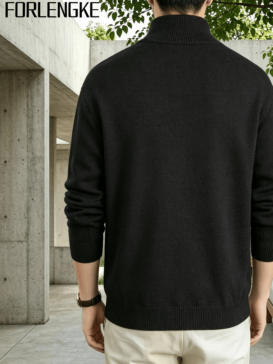 FORLENGKE Men'S Business Casual Stand Zip Cable Knit Cardigan, Soft Warm Long Sleeve Knitted Jacket for Fall Winter Office Daily Wear - Black