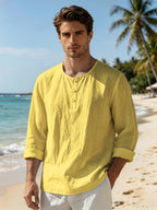 Summer Men'S Linen Henley Collar Long Sleeve Shirt, Half-Button Casual Loose Breathable Top, Beach Vacation Commute Leisure All-Match Men'S Shirt - Yellow