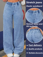 1pc Women'S Fashion High Waist Elastic Waist Straight Leg Jeans | Comfortable Loose Fit, Washed Denim, Pocket Details, All-Season Wear - Light Blue
