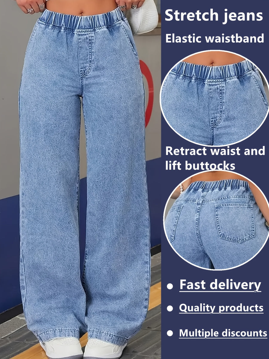 1pc Women'S Fashion High Waist Elastic Waist Straight Leg Jeans | Comfortable Loose Fit, Washed Denim, Pocket Details, All-Season Wear - Light Blue
