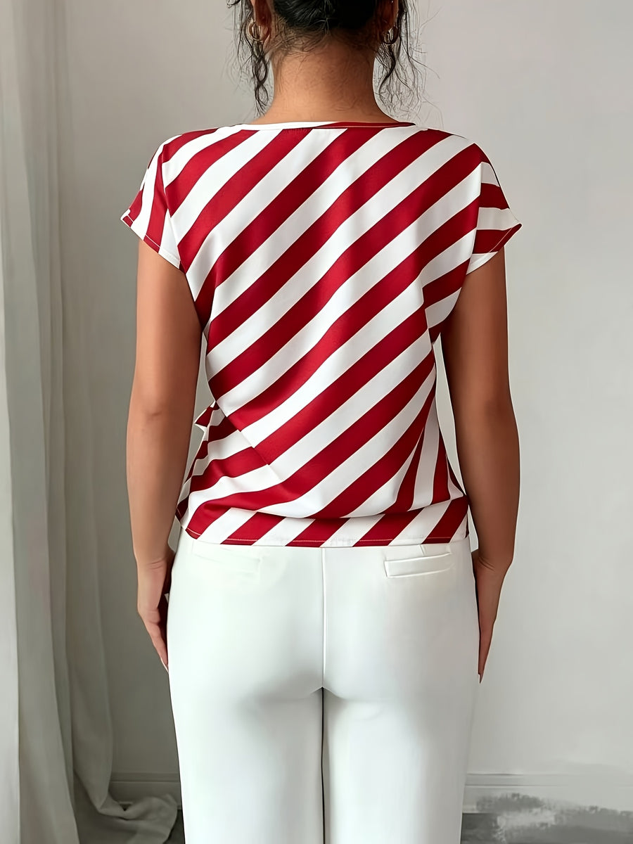 Women'S Elegant Commute High Neck Design Striped Print Vacation Casual Shirt - Multicolor