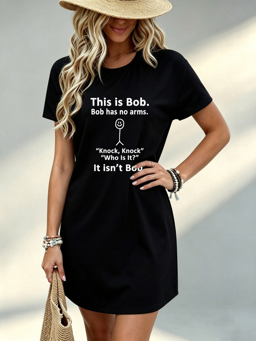 [Printed Design - Not Textured] Casual Women Dress Bob Sleeveless Funny Text Graphic Summer Beach Vacation Gift for Friend 100% - Black
