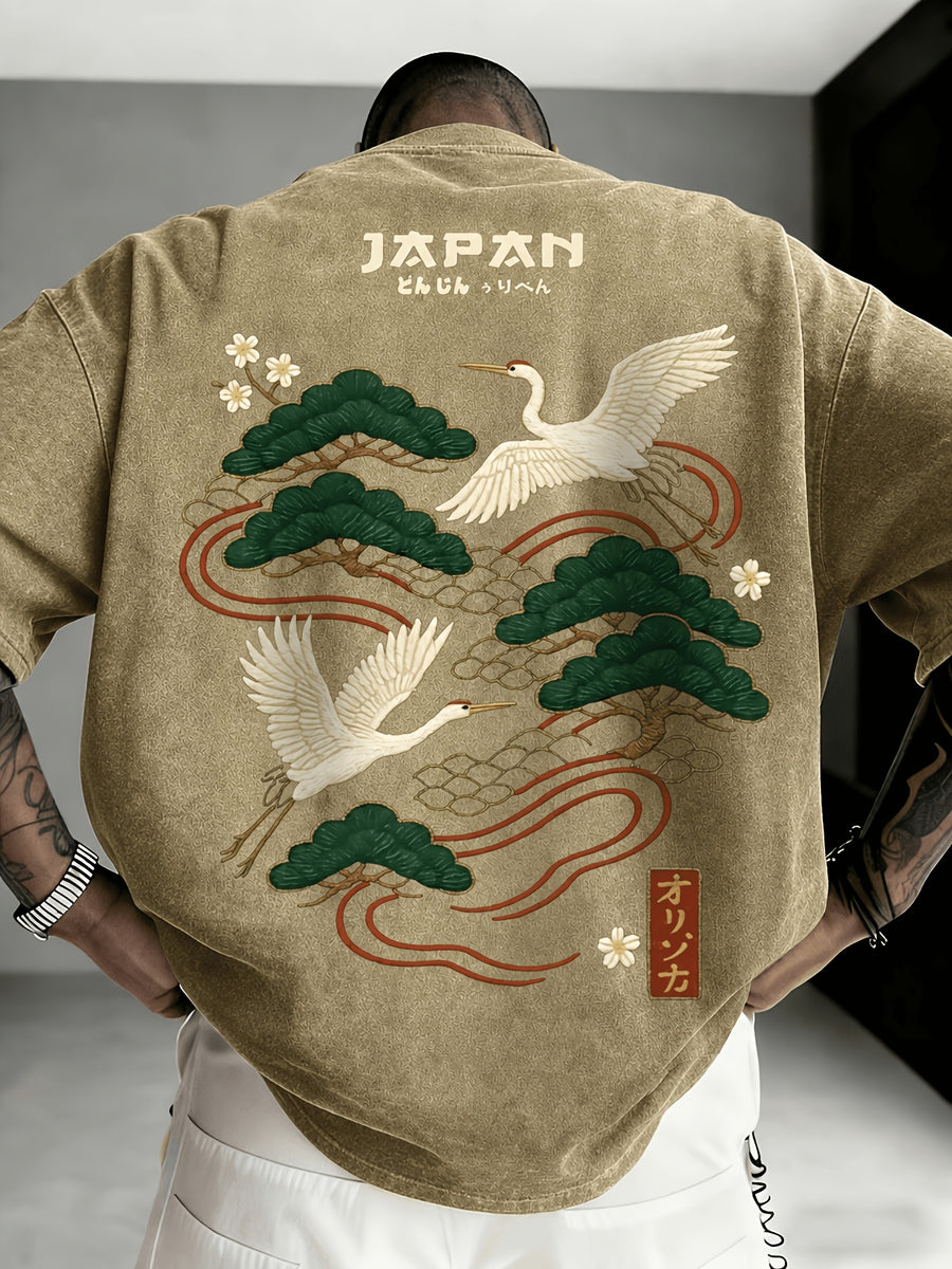 Printed Design - Not Textured: Tang Yunshu American Sporty Style Trendy Men's Japanese National Chic Printed Short Sleeve Shirt, Distressed Washed Finish + Exquisite Crane and Pine Tree Pattern, Crisp Wrinkle-Resistant and Wear-Resistant Fabric - Champagne
