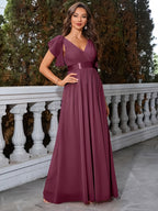 Women'S Elegant V-Neck Shoulder Ruffle Chiffon Bridesmaid Gown Dress with Cinched Waist Elastic Band - Fuchsia