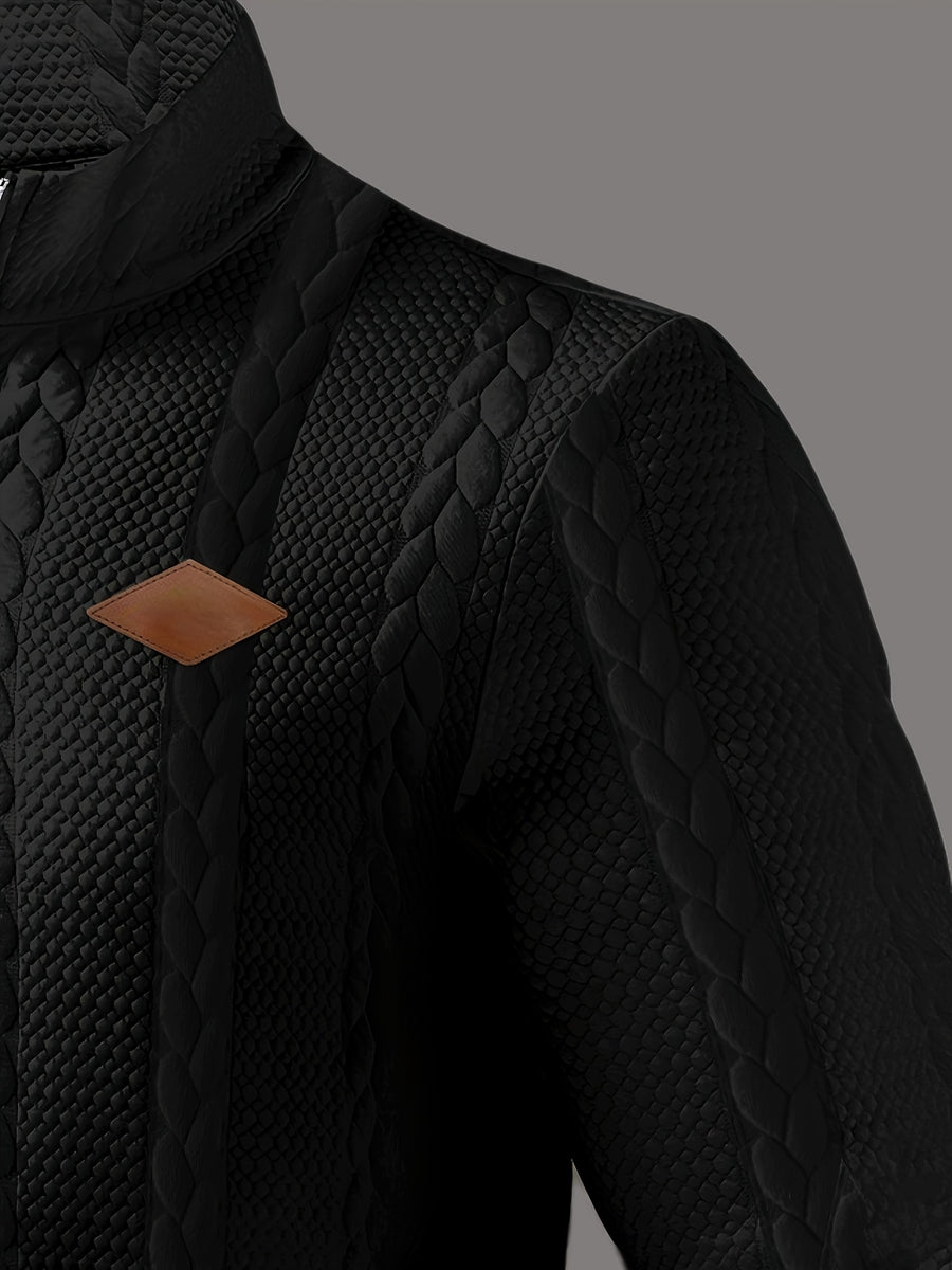 Men'S Casual Polo, Zip-Up Collar Pullover, Men'S Henley Shirt, High-Weight Fabric, Textured Material - Black