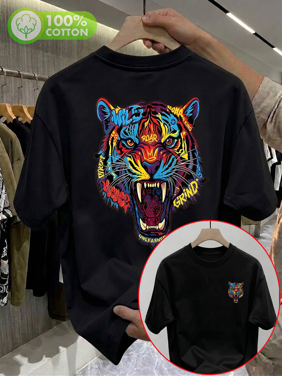 100% Pure Cotton Crew Neck Short Sleeve T-Shirt, Unisex. Features a Dazzling Tiger Head Graffiti Graphic with Double-sided Front and Back Prints, Vibrant Color-blocking, and Trendy Lettering. Breathable and Non-sticky on the Back - Black