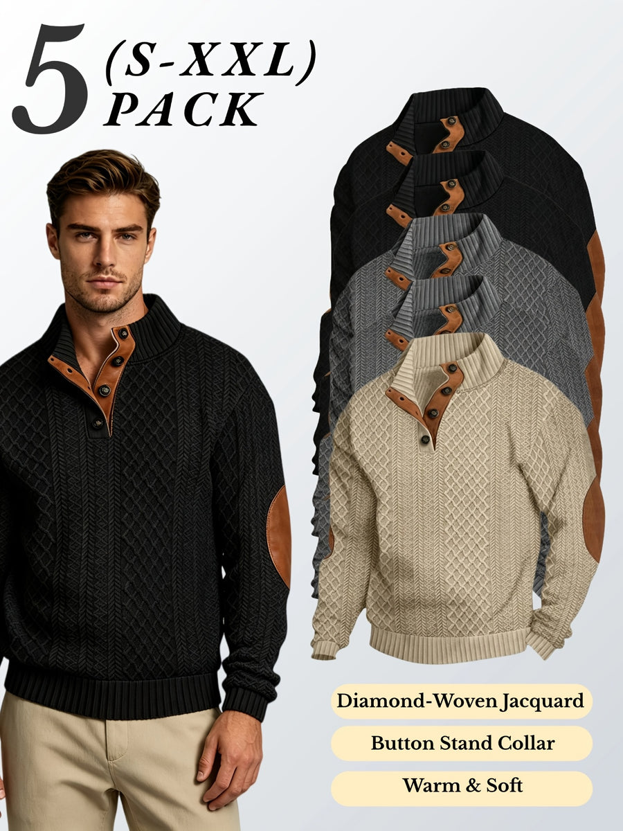 5pcs Set Men's Textured Jacquard Knit Vintage Casual Button-Up Stand Collar Long Sleeve Top, Versatile Basic Solid Color for Autumn/Winter Outings and Home Wear - Black 2+Dark Gray 2+Khaki