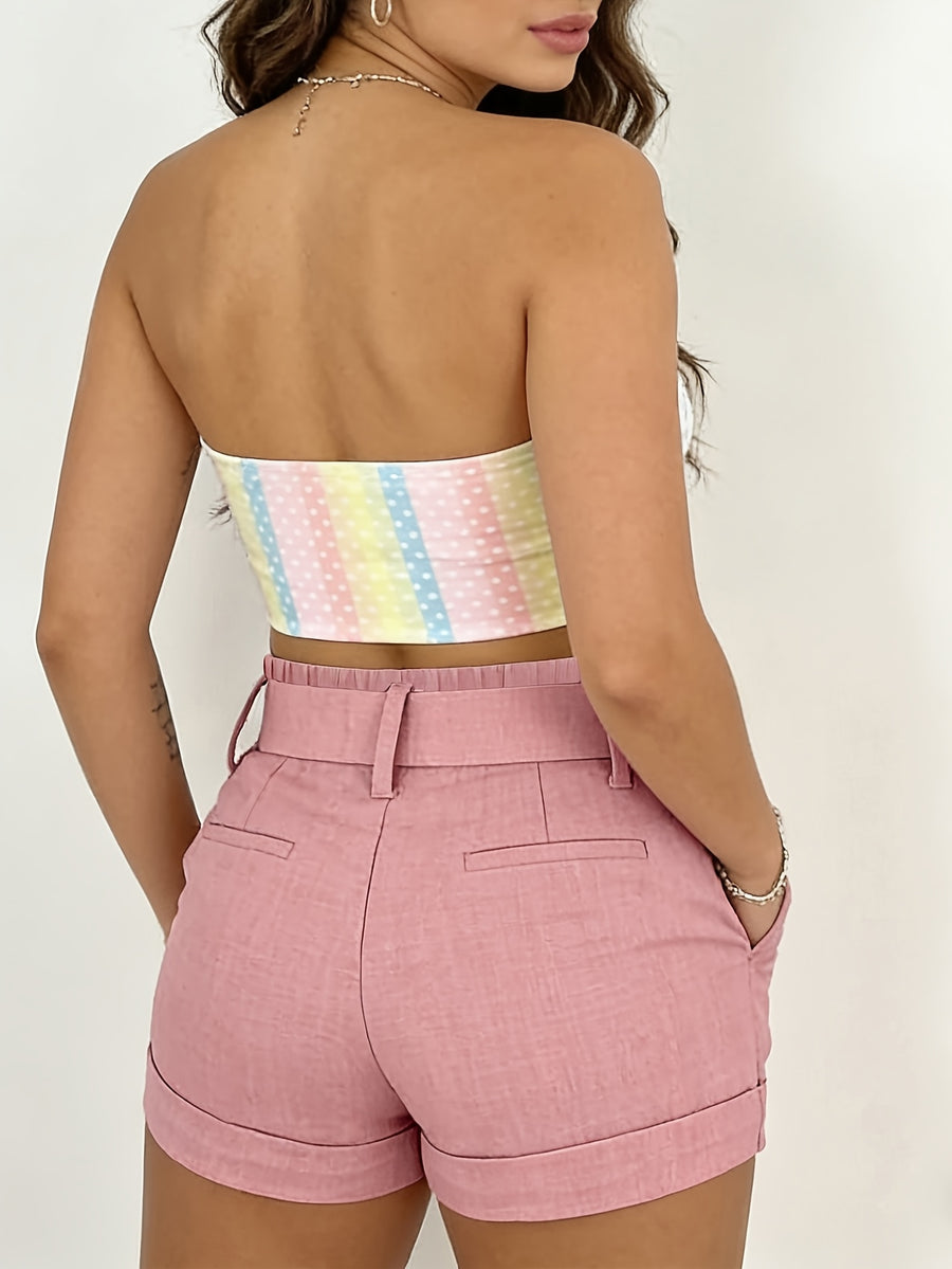 New Summer 2026 Solid Color High-Waist Three-Quarter Fashion Shorts - Pink Color