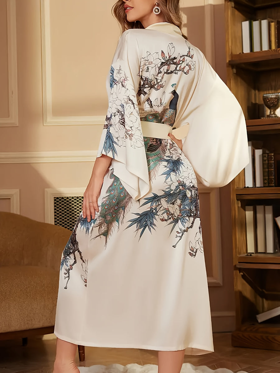 European and American Vintage Loose Bohemian Mid-Length Peacock Print Elegant Fashion Kimono Cardigan Uechi Casual Homewear Tie-Up Yukata Nightgown Lightweight Outerwear Summer Beach Vacation Swimsuit Cover-Up Top - Apricot