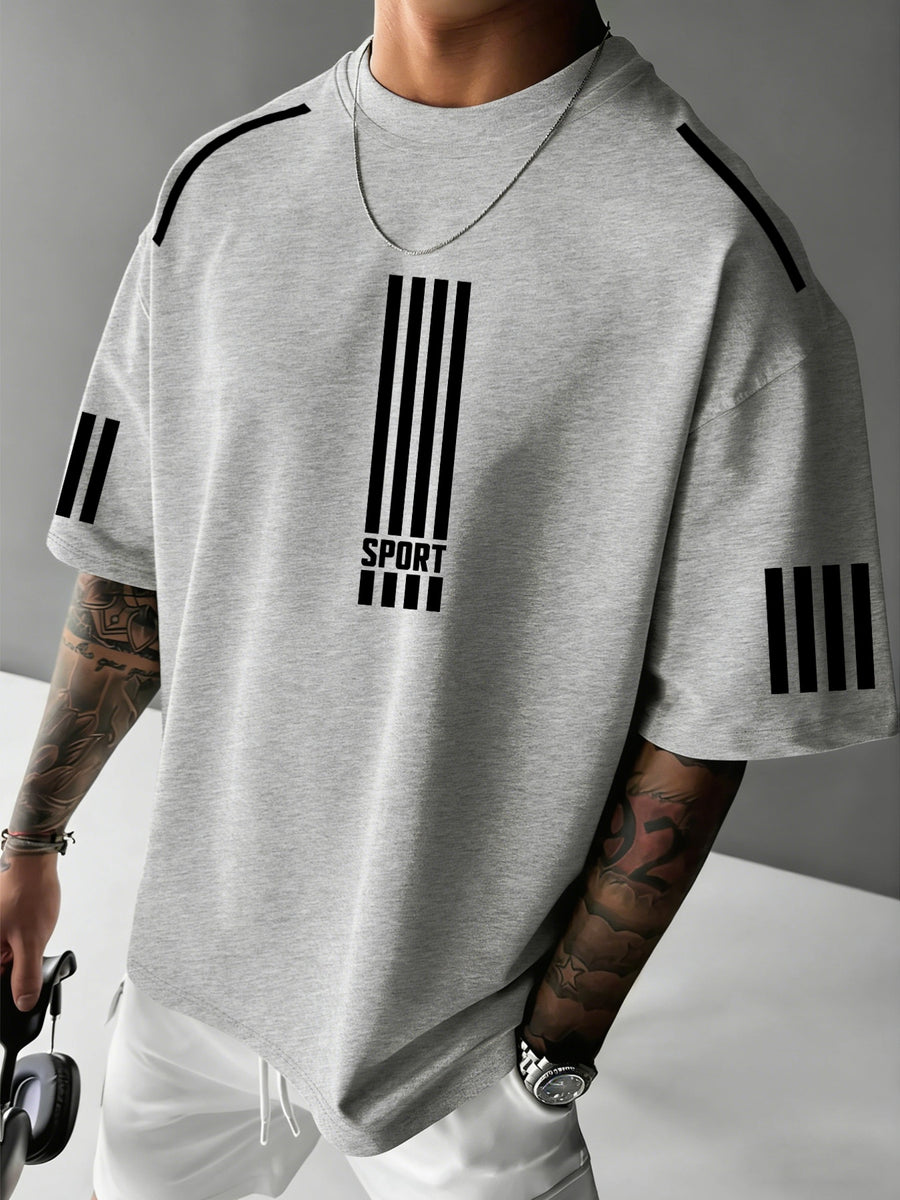 Men'S Sport Print T-Shirt, Casual Street Style, Fashionable And Versatile, Summer Short-Sleeve Round Neck Top, Suitable for Sports Enthusiasts And Urban Symbol Lovers - Light Grey