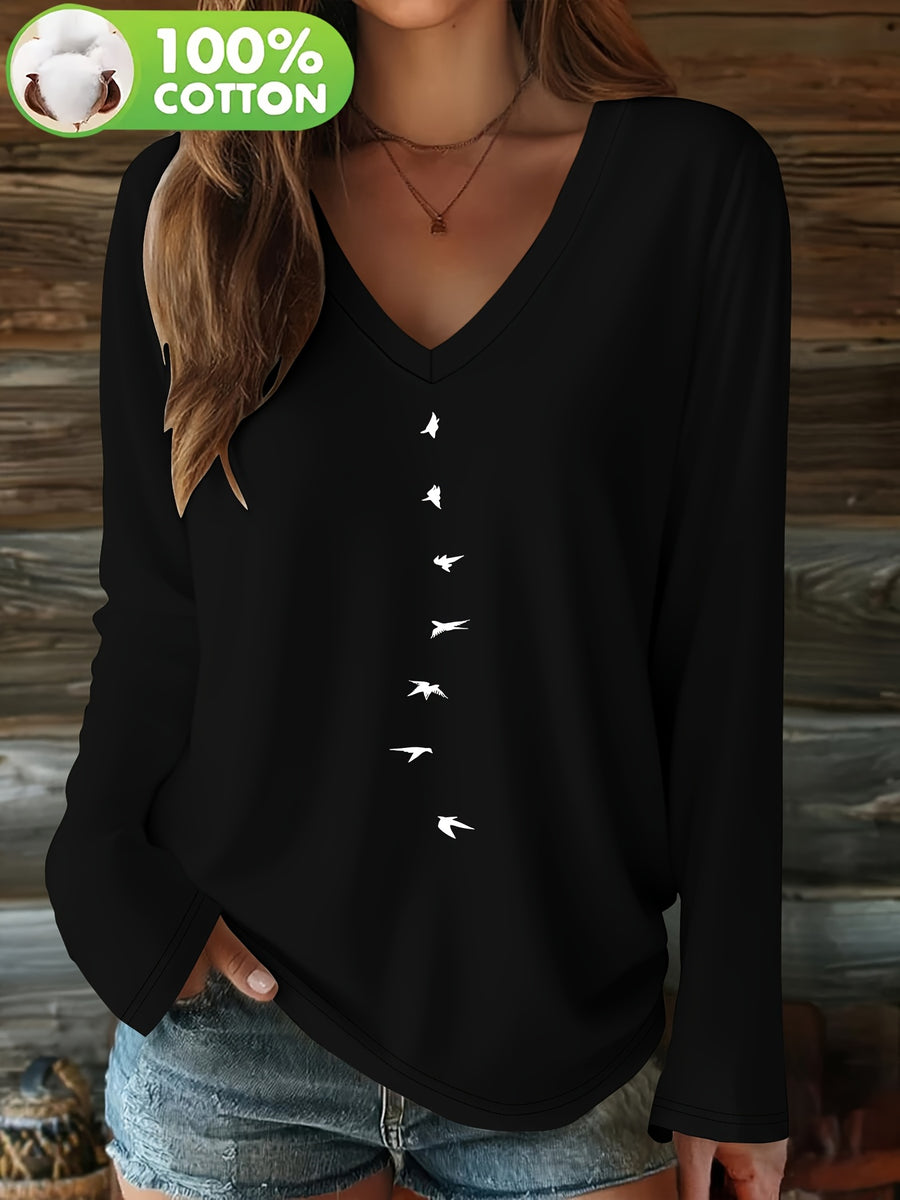 Women'S V-Neck Long Sleeve T-Shirt Made of Pure, Featuring a Printed Design That Flatters The Figure And Is Versatile for Various Outfits - Black