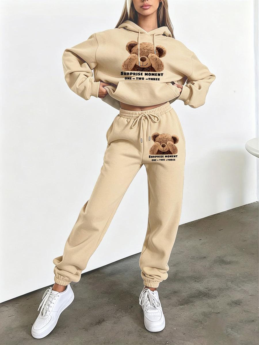 Autumn Winter Trendy Fashion Hooded Drawstring Sweatshirt And Joggers Women'S Set, Bear-Eyed Bear Print Sweet Cool Style, Hooded Drawstring Design with Front Kangaroo Pocket, Comfortable for Cold Weather, Classic Silhouette - Apricot