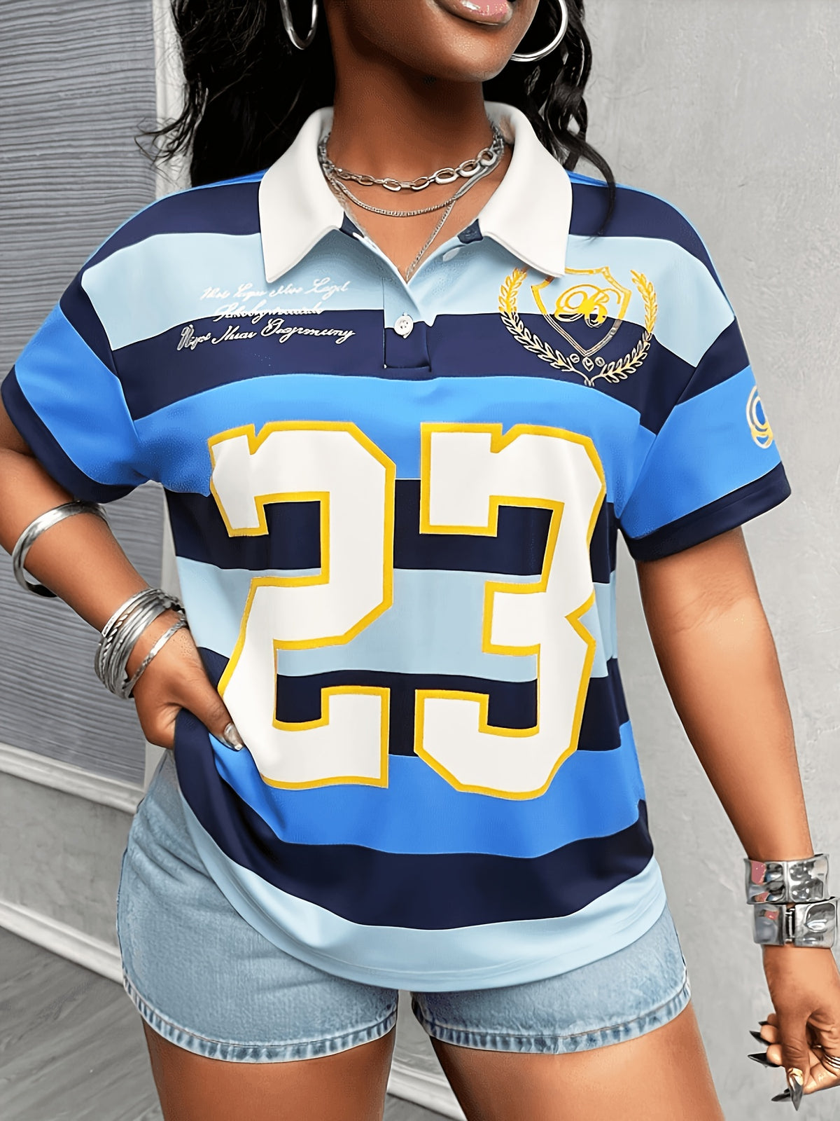 Women's Fashionable Casual Vacation Simple Romantic Shirt Collar Short Sleeve T-Shirt Gavin - Deep Sky Blue