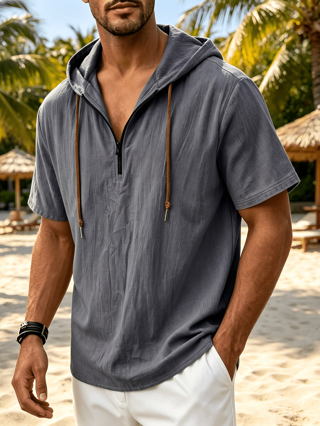 Men's Breathable Half-Zip Hooded Short-Sleeve T-Shirt - Loose-Fit Linen Summer Top with Zipper Collar, Solid Color Casual Beachwear Suitable for Vacation, Outdoor & Casual Attire, Machine Washable Linen Shirt - Dark Gray