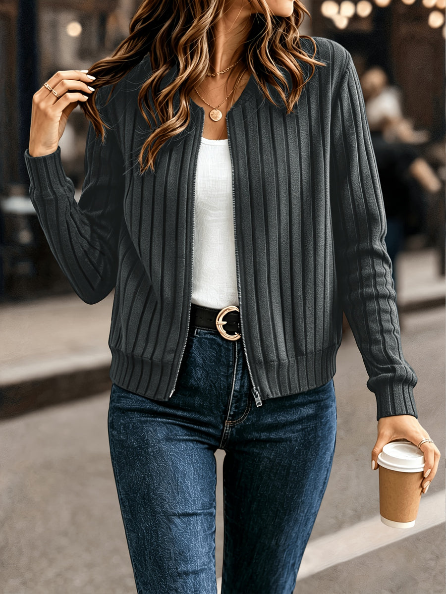 Elegant Directional, Elegant Solid Color Ribbed Zipper Long-Sleeve Jacket Coat - Autumn/Winter Style, Suitable for Commuting, Elegant Casual Wear, Wear - Dark Gray