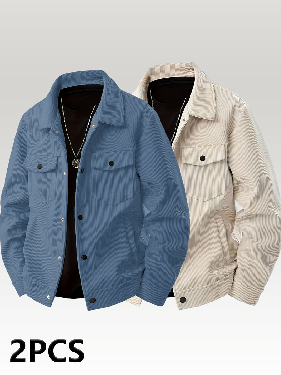 [Pearson OBM] Autumn Hot Style Retro Style Lapel Men'S Solid Color Easy Comfortable Warm Corduroy Cargo Jacket, Encountering Pre-Modern Cross-Border Fashion Jacket 2pcs Set - Blue+Khaki