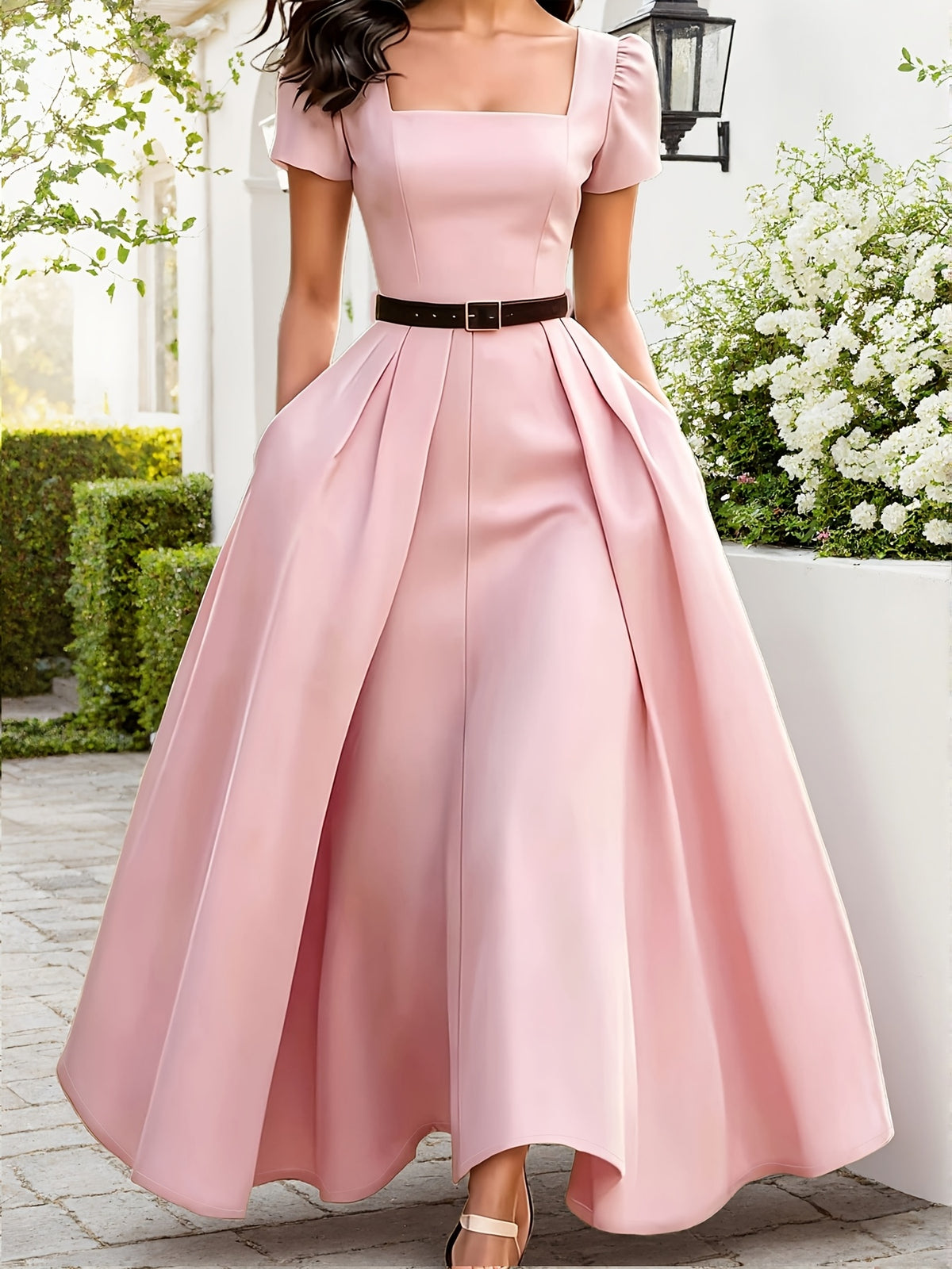 Solid Square Neck Short Sleeve Dress Women'S 2026 Summer New High-Waist Cinched Waist Flared Maxi Dress with Belt - pink color