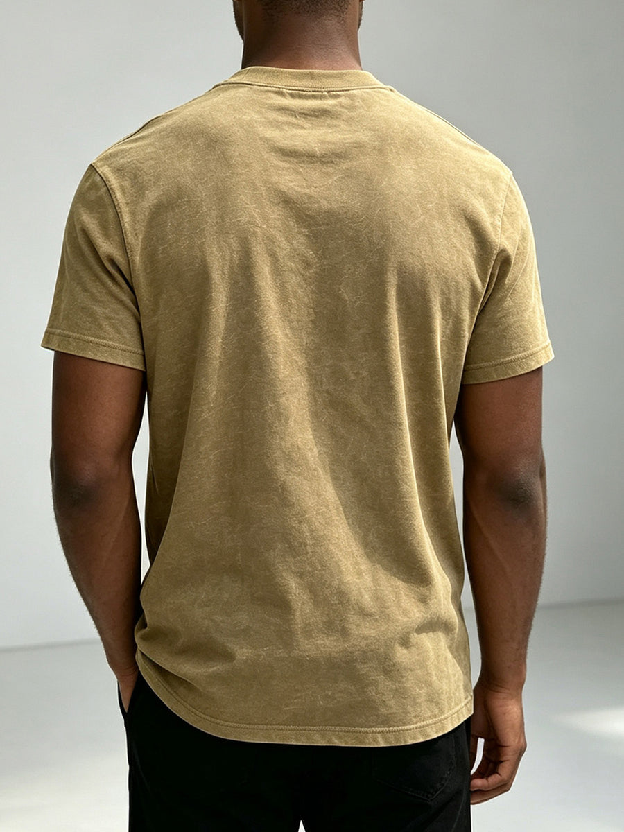 American Retro Washed Distressed Short Sleeve T-Shirt Men'S Summer Multi-Position English Print Round Neck Short Sleeve Street Trendy Fitness All-Match Top - Apricot