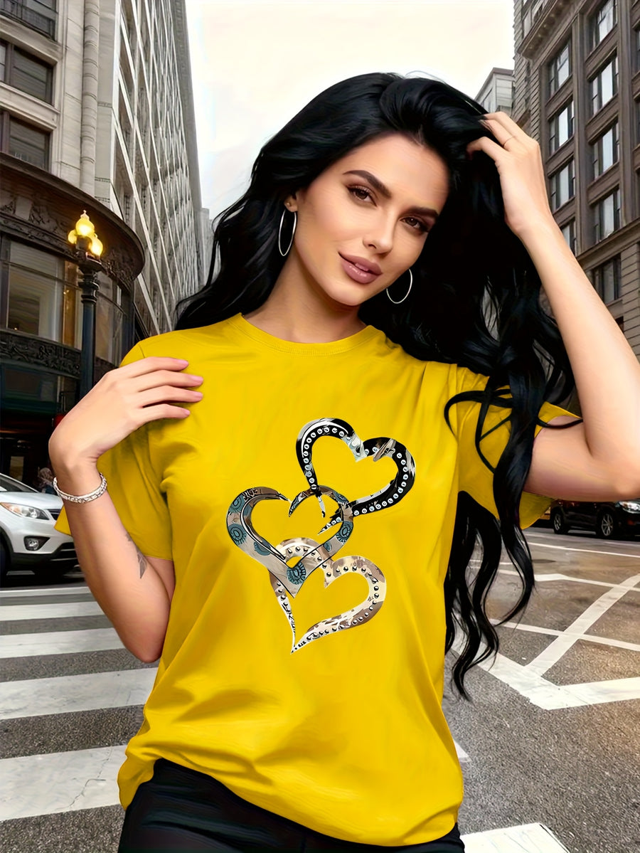Emotion and Love" Representative, Metallic Art Heart Print Trendy Fashion, Simple Round Neck Casual Versatile Short Sleeve Women's T-Shirt for Leisure, Travel, and Vacation - Yellow