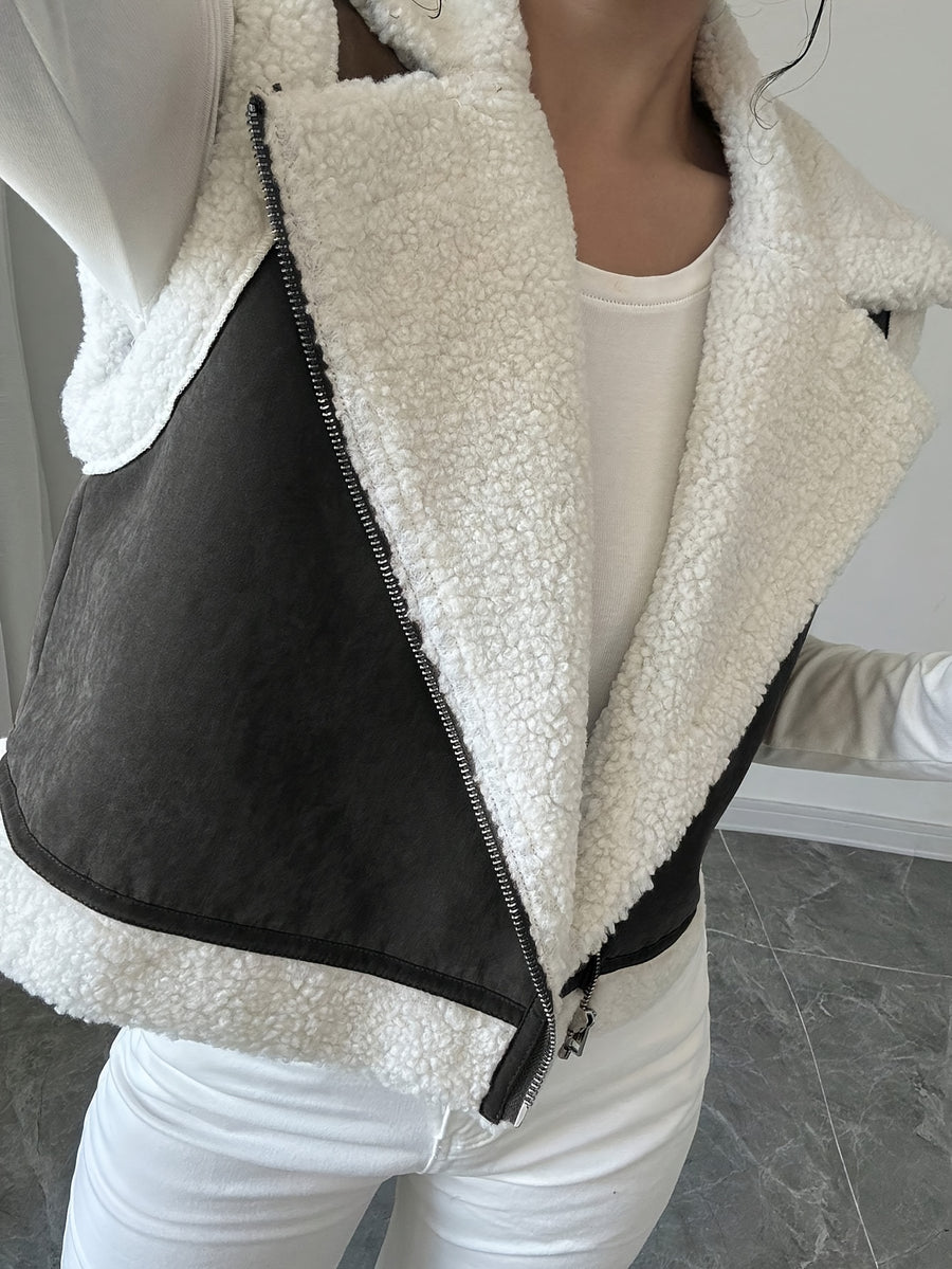 Women's Short Faux Lamb Sleeveless Vest Coat - Deep Grey