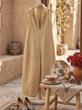 Women's Elegant Workwear Jumpsuit - Sleeveless High-Neck Wide-Leg Romper with Zippered Collar, Loose-Fit Pantsuit & Side Pockets, Machine Washable Solid Color Outfit Suitable for Office, Semi-Formal, Summer Clothing - Khaki