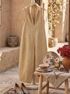 Women's Elegant Workwear Jumpsuit - Sleeveless High-Neck Wide-Leg Romper with Zippered Collar, Loose-Fit Pantsuit & Side Pockets, Machine Washable Solid Color Outfit Suitable for Office, Semi-Formal, Summer Clothing - Khaki
