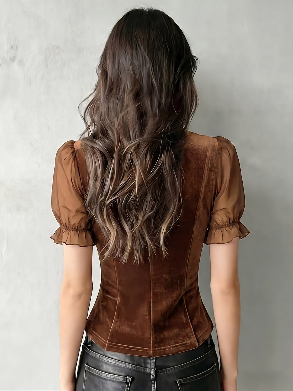 Development Bk260306052]Chic Velvet Sheer Sleeve Corset Top with Lace Trim Elegant Special - Bronze