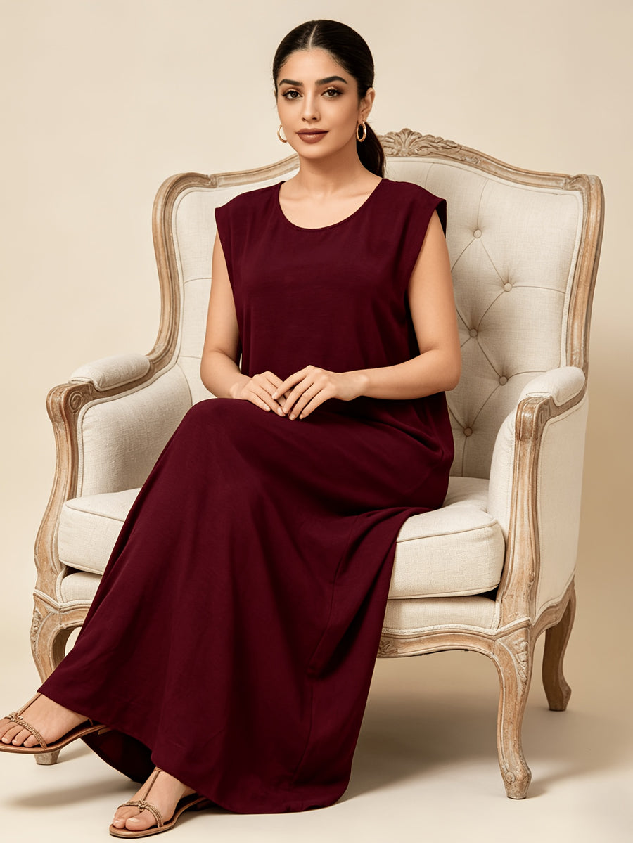 1pc Solid Color Elegant Casual Spring Autumn Suitable for Women'S Daily Base Layer Vest Abaya Muslim Dress Robe Summer Abaya - Deep Red