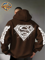 Warner Bros Official Superman Logo Print Men's Trendy Hooded Sweatshirt, Featuring Sleeve Print Design, Kangaroo Pocket, and Drawstring Hood, Suitable for Daily Wear in Autumn and Winter as Well as Outdoor Sports - a Must-have Item for Trend - Coffee Color