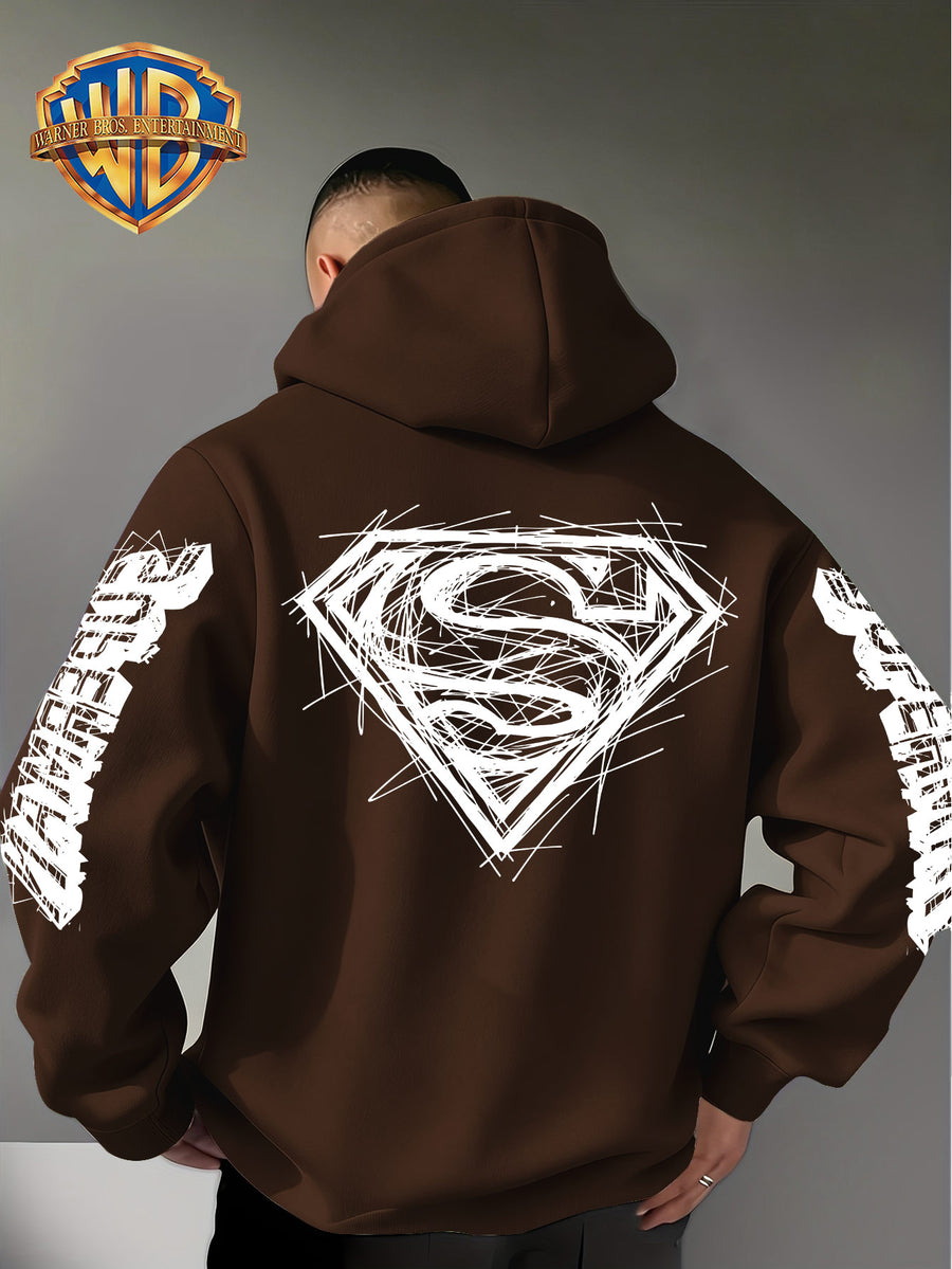 Warner Bros Official Superman Logo Print Men's Trendy Hooded Sweatshirt, Featuring Sleeve Print Design, Kangaroo Pocket, and Drawstring Hood, Suitable for Daily Wear in Autumn and Winter as Well as Outdoor Sports - a Must-have Item for Trend - Coffee Color